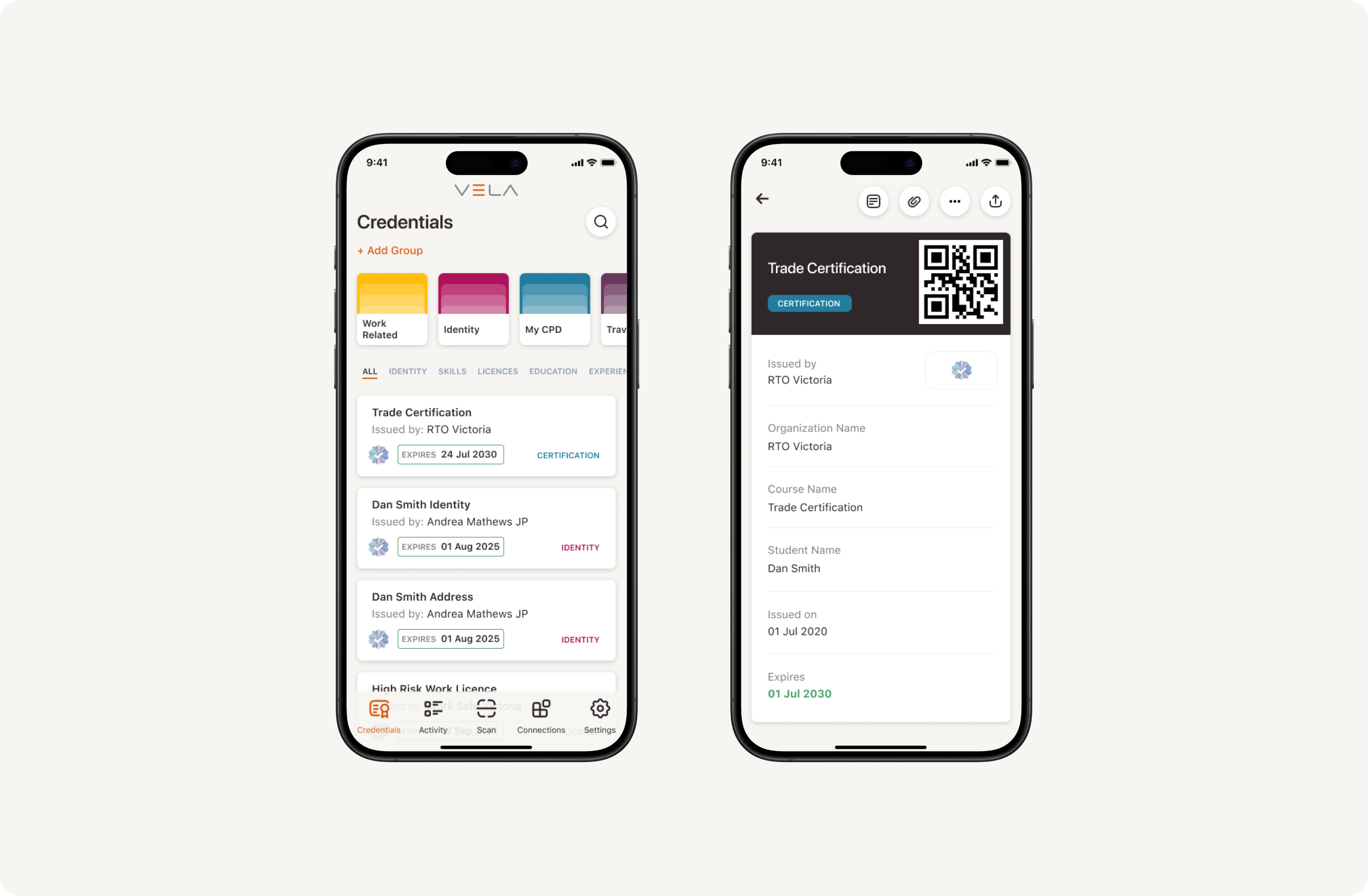 Vela Credentials Wallet screens