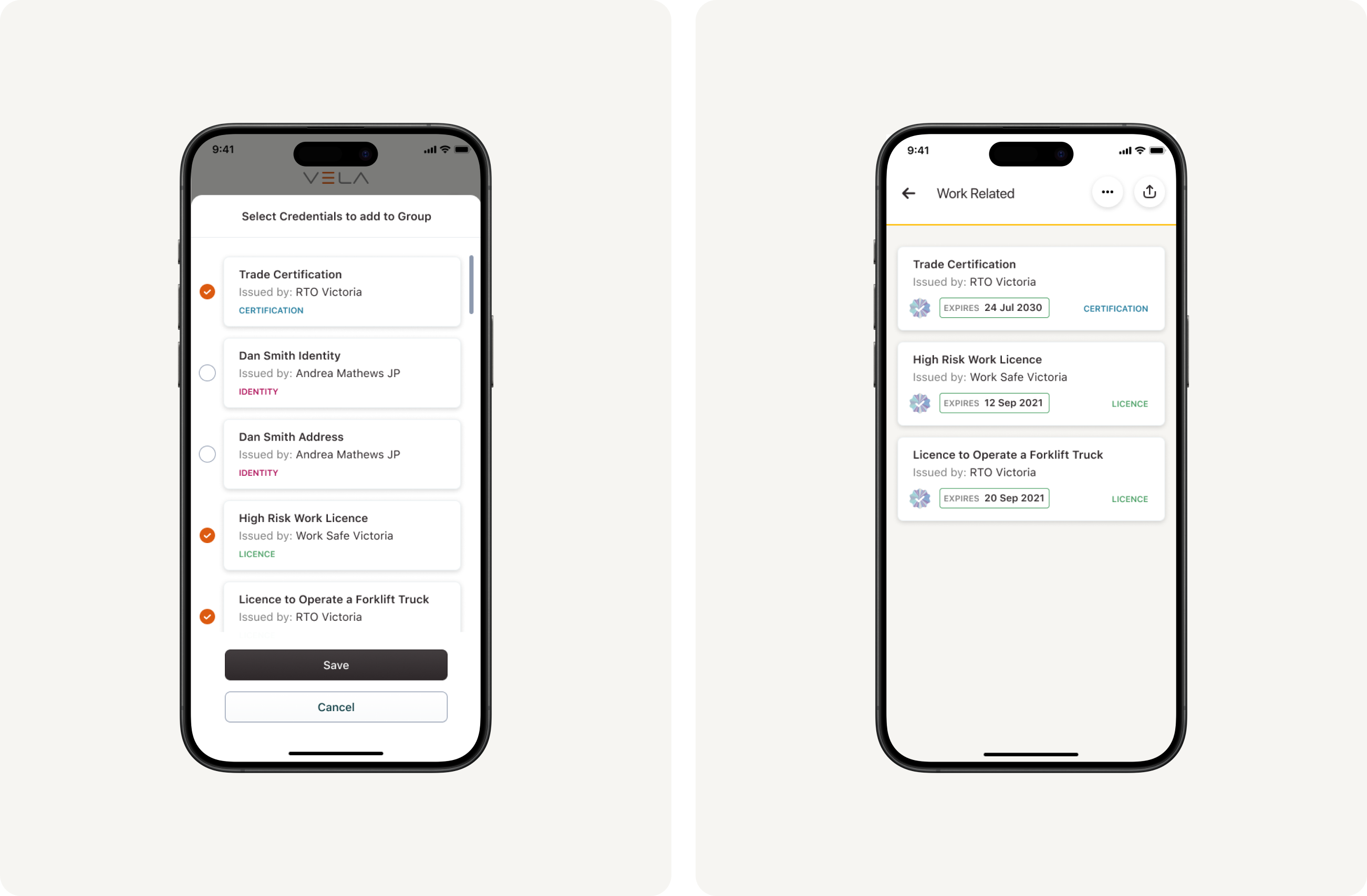 Vela Credentials Wallet screens