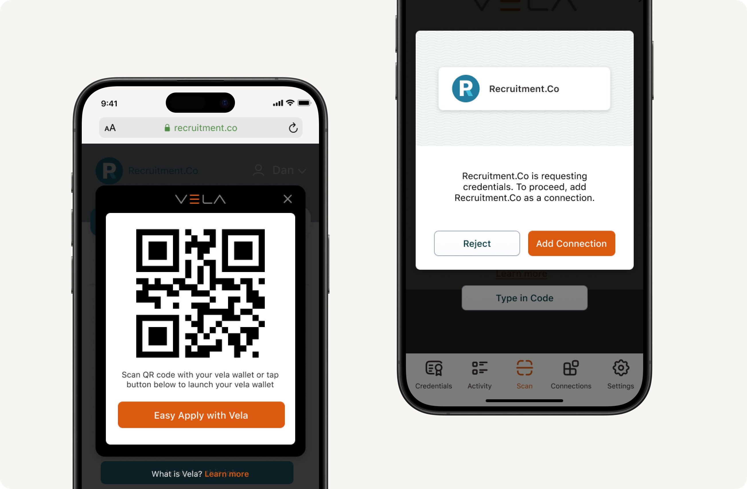Vela Credentials Wallet screens